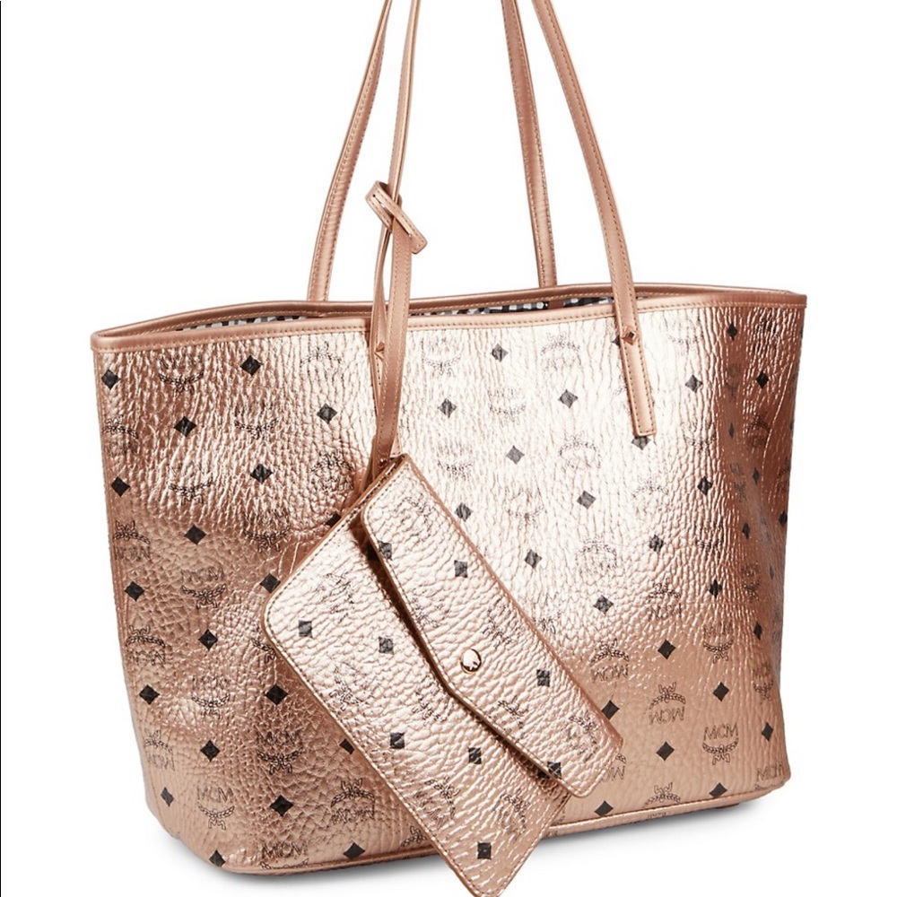 MCM Logo Medium Tote Champagne + Snap Pouch
